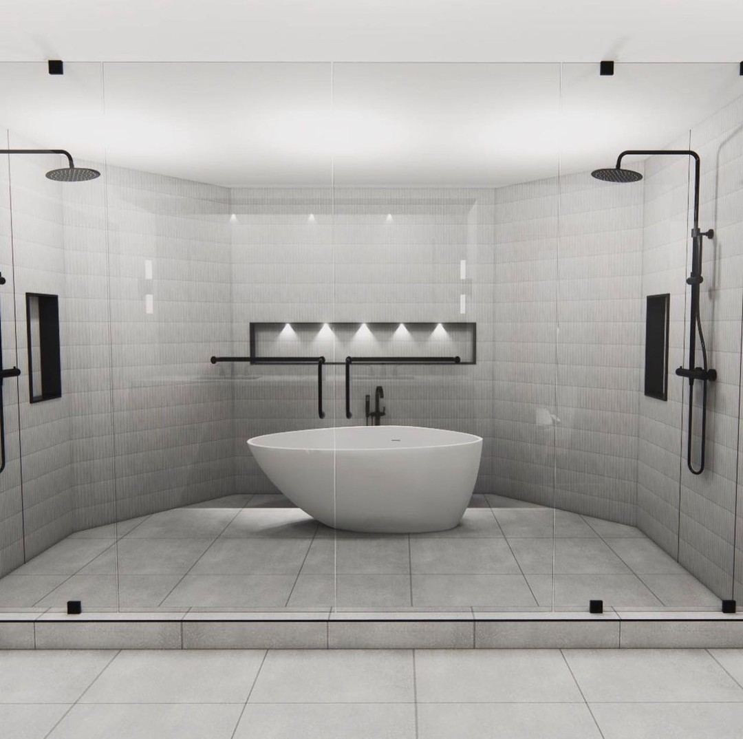 Spa-style wet room with freestanding tub and dual rain showers