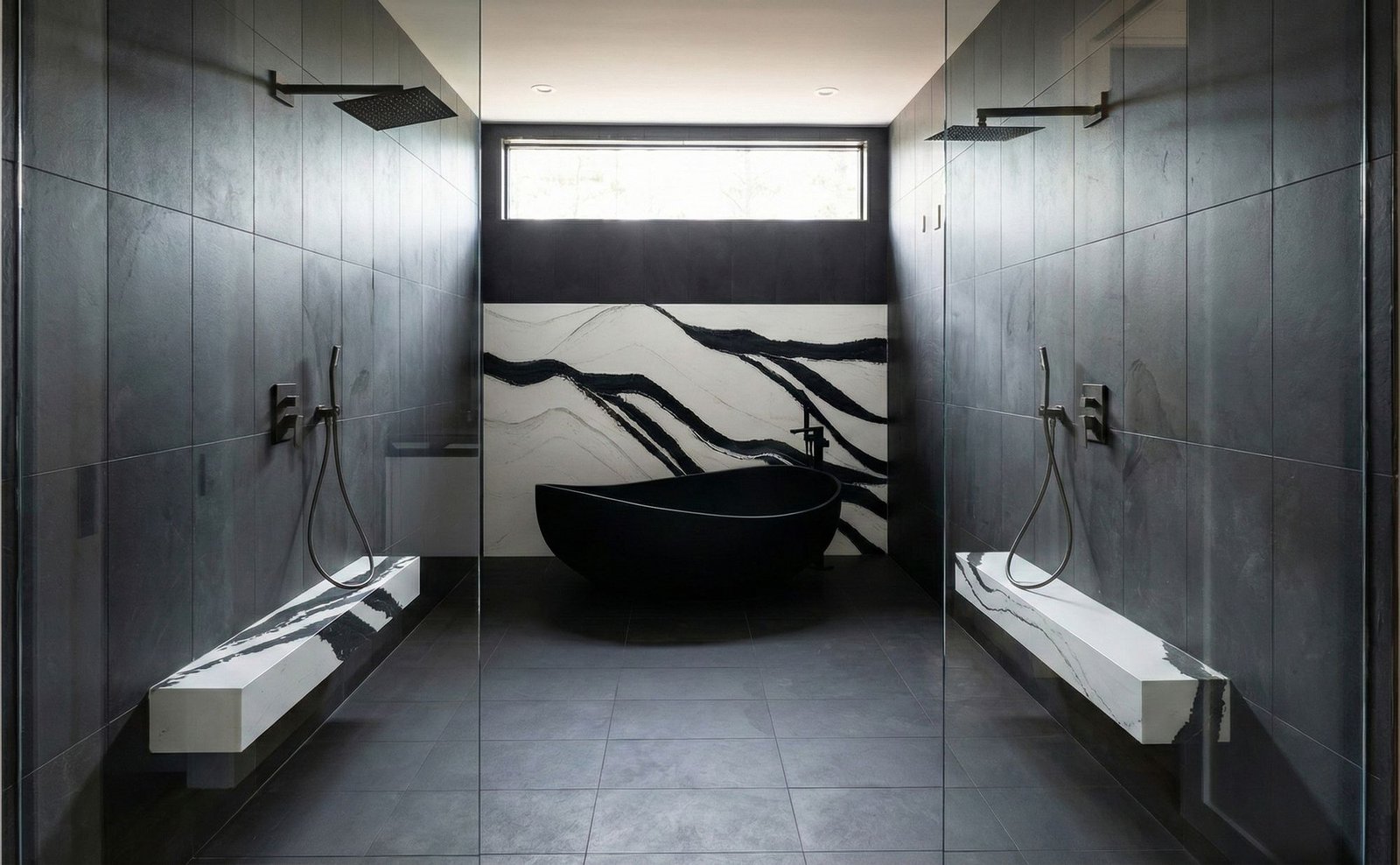 Luxury bathroom renovation with large-format tile by Hands of Freedom
